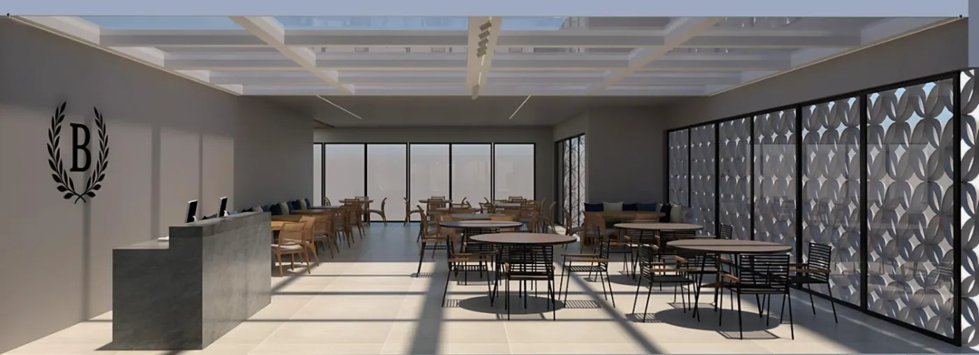 Cafeteria ampla com mesas e janelas de vidro